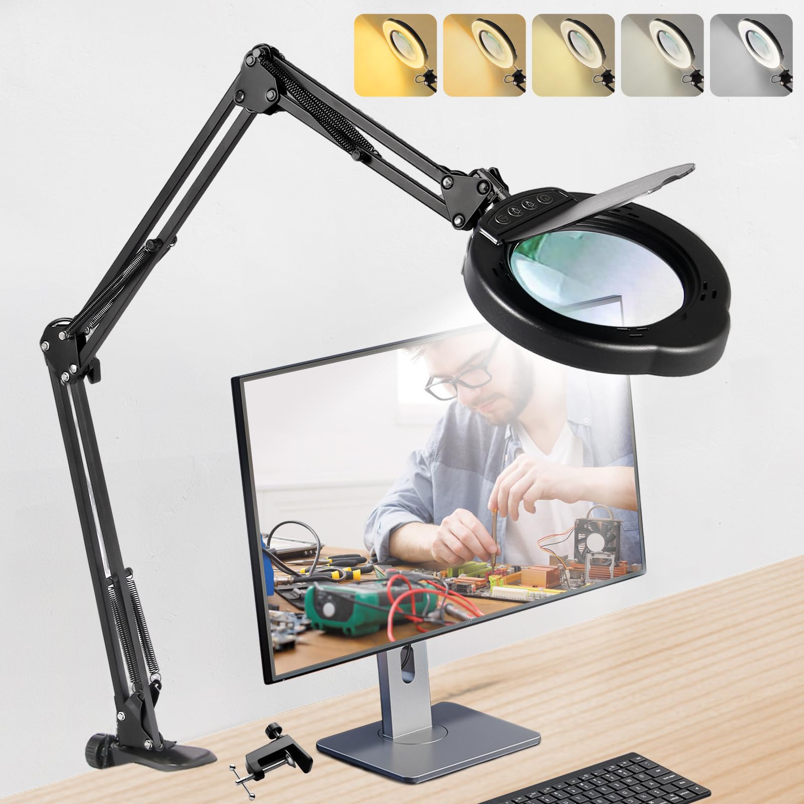 12 lupas con luz y soporte, lámpara de lupa con brazo oscilante de 3 secciones, 5 modos de color, lámpara de lupa con luz LED para banco de trabajo (negro (ultra largo))