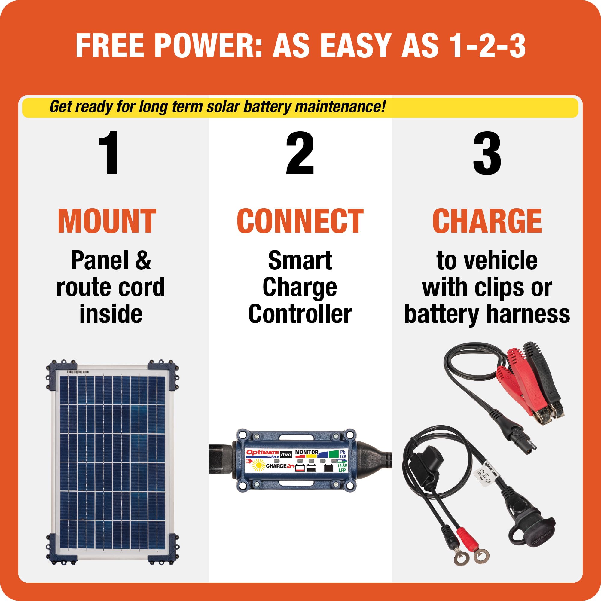 OptiMATE Tecmate Solar Duo 10W, TM522-D1, Caricatore e mantenitore Solare ermetico di Carica con Recupero di Batteria a Sei Fasi da 12V / 12,8V 0.83A