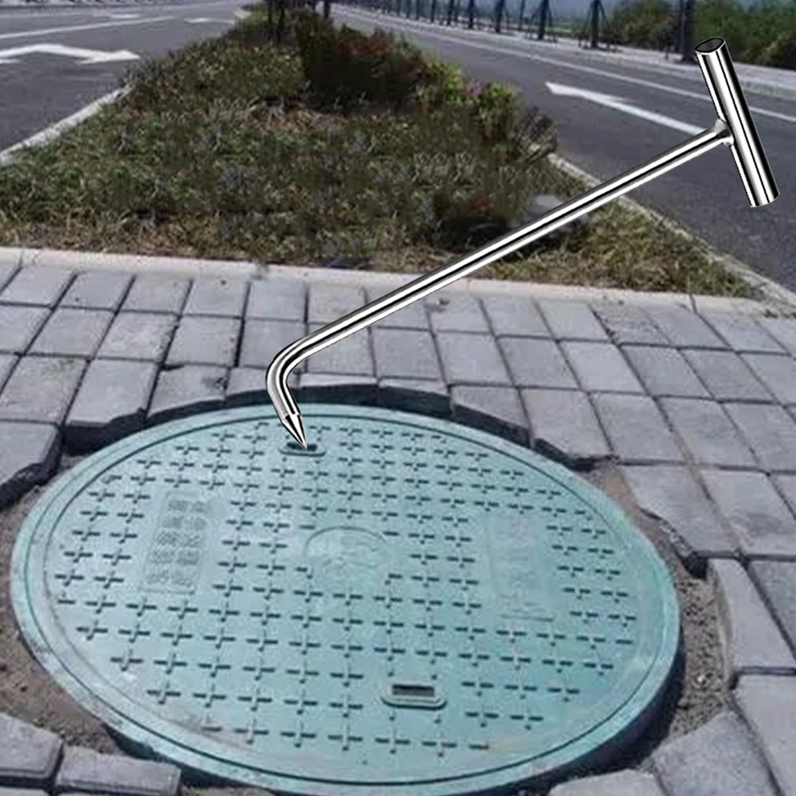 ZIMGOD Silver Single Hook Tool for Manholes, Stainless Steel Lifter for Lifting Manhole & Storm Drain Covers, Multifunction Septic Tank Cover Puller(60cm (23 5/8