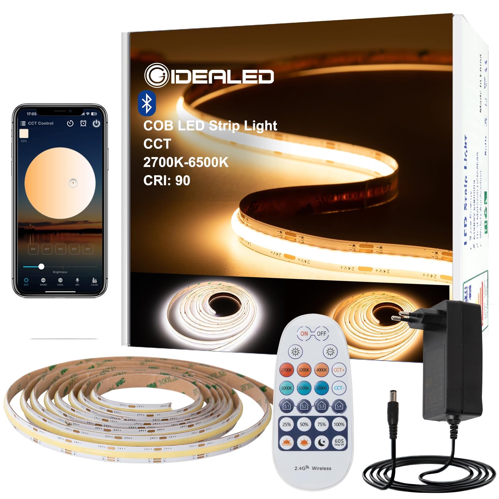 GIDEALED Kit de bande LED COB 5 m, CCT DC24V Dimmable 2700K-6500K Blanc chaud Blanc froid CW WW Bande LED Cob avec télécommande RF et application Bluetooth contrôlée pour l'éclairage ambiant DIY