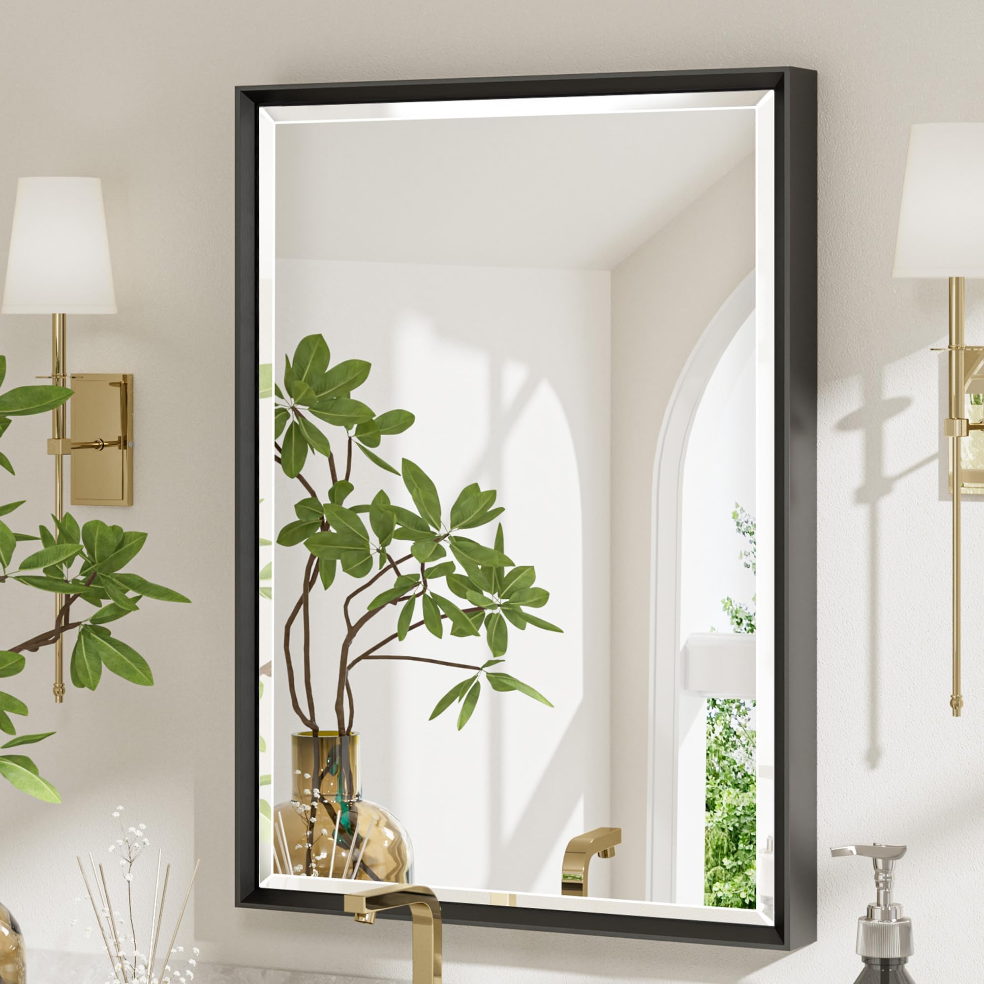 Black Framed Mirror for Bathroom, 22x30 Inch Black Rectangle Beveled Bathroom Vanity Mirror, Anti-Rust Matte Black Metal Frame Mirror for Wall, Vertical/Horizontal Wall-Mounted Mirrors