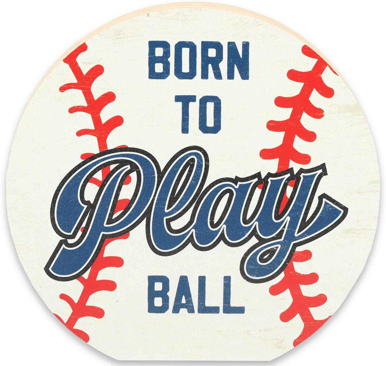 Open Road Brands Born to Play Ball Baseball Shelf Sitter Decor - Fun Chunky Wood Block Baseball Decoration for Kids' Bedroom or Man Cave, White/Blue