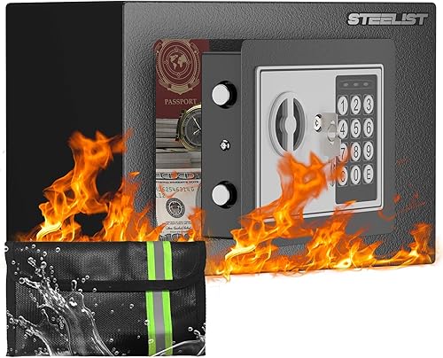 Caja de seguridad ignífuga, caja fuerte de 0.23 pies cúbicos para uso doméstico a prueba de fuego y agua, caja fuerte personal negra con bolsa