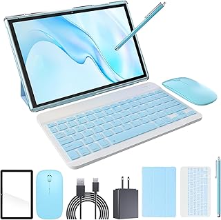 2023 Newest Tablet with Keyboard Tablets 2 in 1 4GB+64GB 10 inch Tablet and Case Mouse Stylus Film Game Android 11.0 Tablets PC 10.1 IPS Screen Tableta Computer 8MP Dual Camera WiFi BT Blue Tab