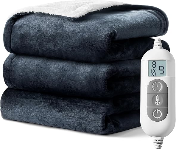 Heated Blanket, Soft Flannel Electric Throw Blanket | Fast Heating, 8 Heating Levels, 9 Hours Auto Shut Off, Thoughtful Gift for Elders - Blue & White