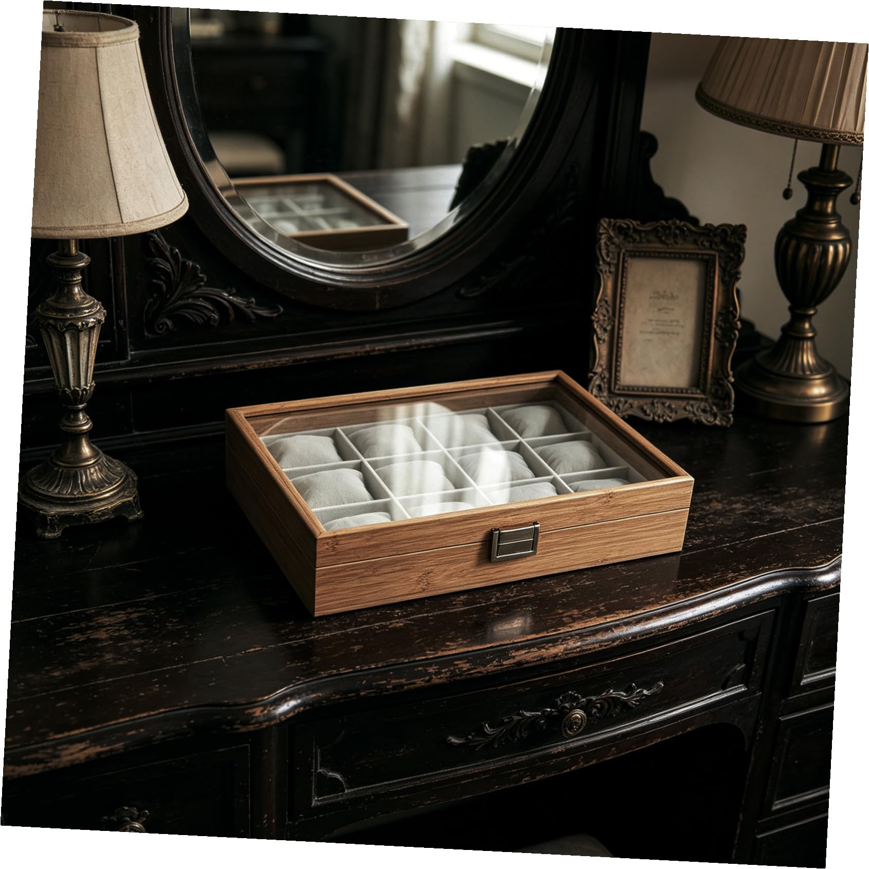 TEHAUX Organizer Custodia Elegante in Legno con 12 Scomparti Grandi con 12 Cuscini Morbidi Rimovibili per Orologi e Gioielli per Uso Personale e Decorazione Casa