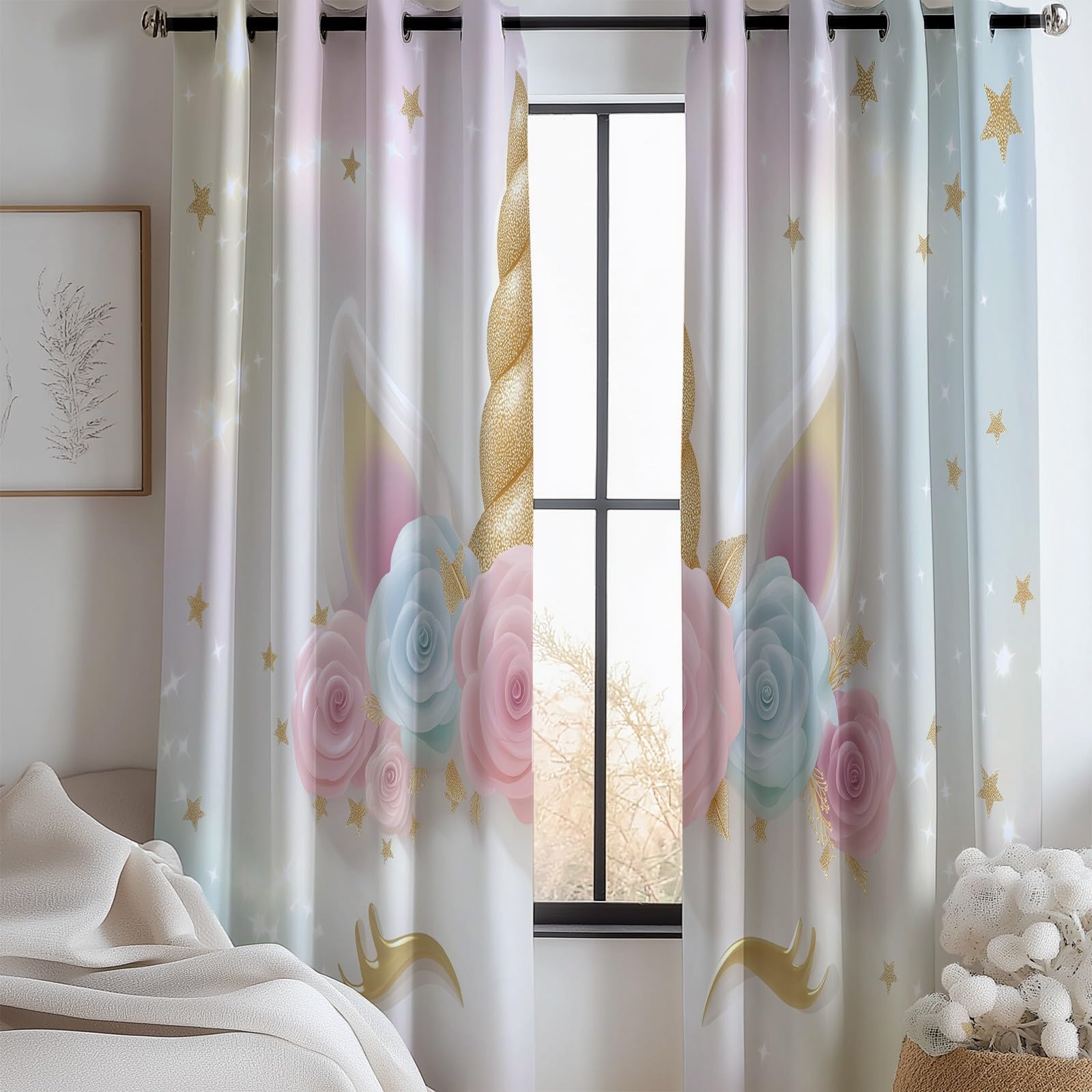 Générique Rideaux Occultants Enfant 3D Licorne 110 x 215 cm (L x H), Isolation Phonique à Œillets Fleur Étoile Magie Fantaisie, pour Chambre Garçon (2 Panneaux) Blanc