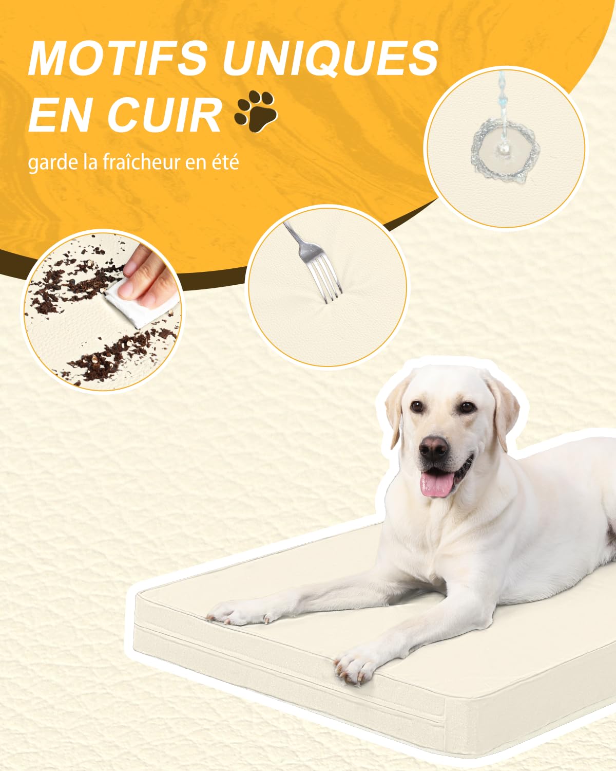 Panier Coussin Chien Dehoussable Lavable, Grande Taille Lit pour Chien Orthopédique, Tapis Matelas, 104x68cm, Fond Antidérapant, Beige
