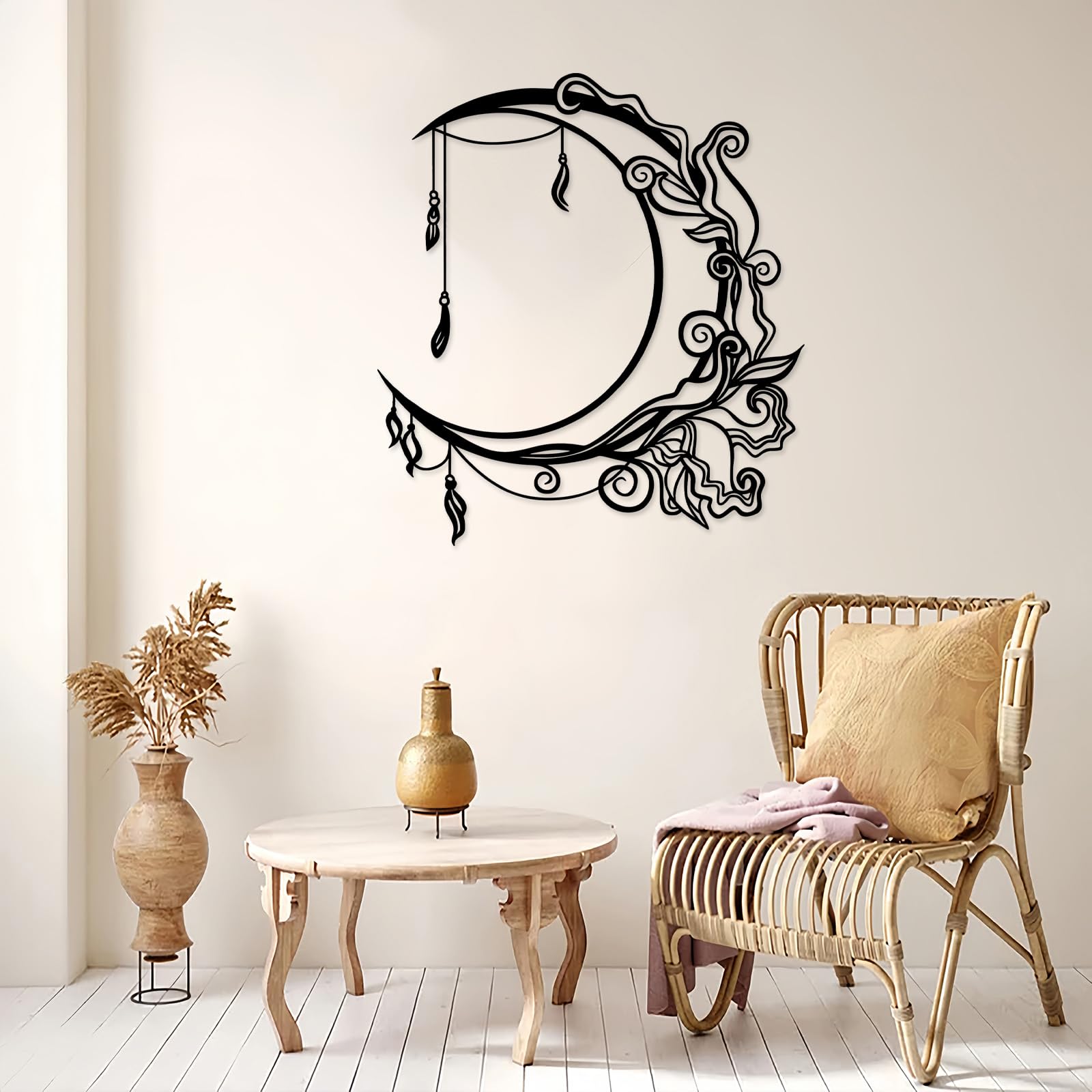 Arte de Pared Bohemio Floral con Luna Negra de Metal, decoración de Pared con Fases celestiales de Metal, Escultura Moderna de Arte Bohemio Floral con Luna para Sala de Estar, Pasillo y esca