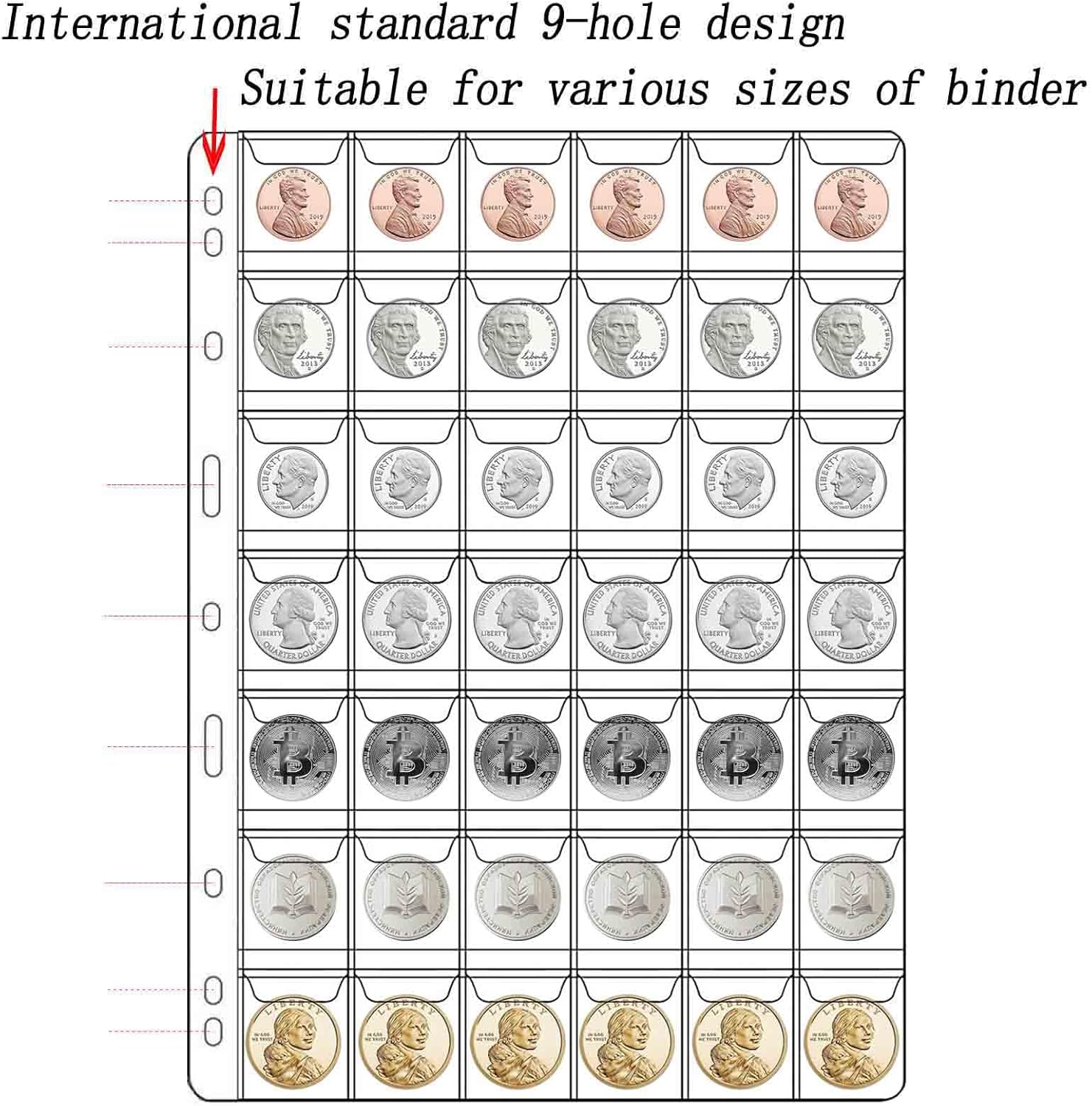 882 Pockets Coin Collection Pages, 21 Sheets Coin Collection Supplies Pages with Standard 9 Hole Coin Binder Sleeves for Penny, Nickel, Dime, Quarter Dollar Collection (42 Pocket)