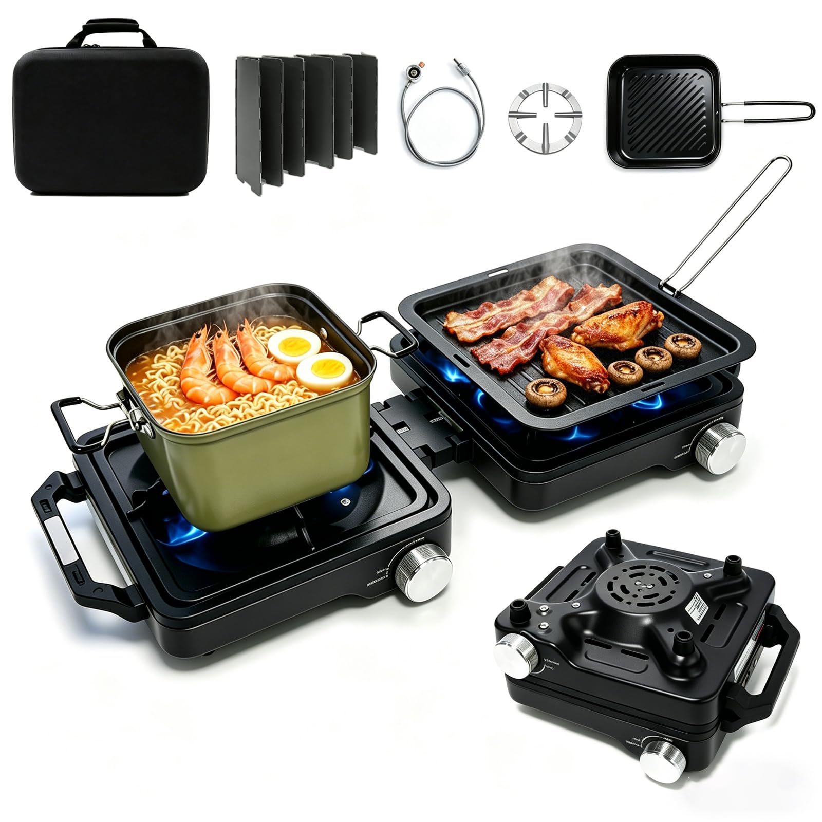 Photo 1 of 2 Burner Camping Stove 24000 BTU, Portable Propane Camp Stove Set with Frying Pan and Pot, Wind Shield, Griddle, Adjustable Dual Gas Stoves Camping Cooking Kit For RV, Tailgating, Survival, Black