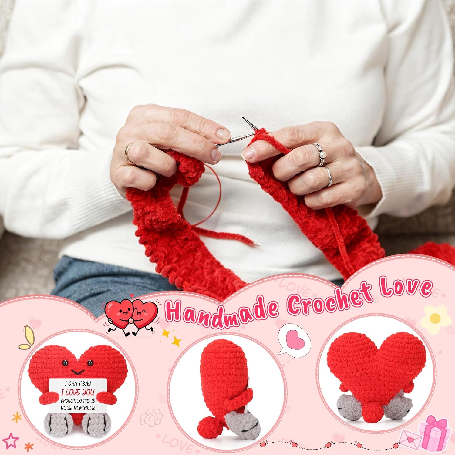 Xinezaa I Love You Heart Crochet Gifts for Her Him, Romantic Couples Gifts for Girlfriend Boyfriend BF GF, Birthday Gift for Wife Husband, Anniversary Wedding Gift for Women Men