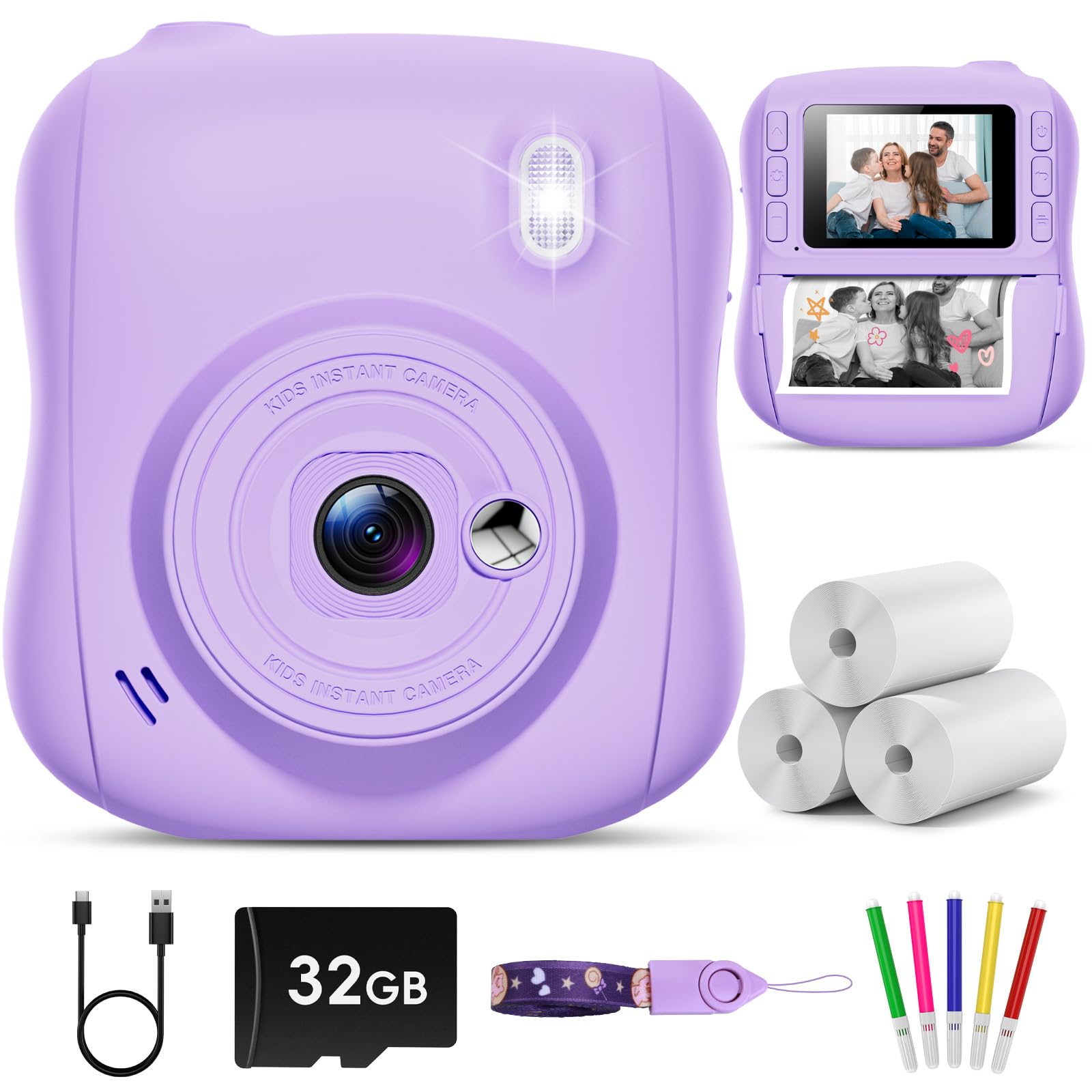 Hangrui Kinderkamera Sofortbildkamera, 14MP Sofortbildkamera Kinder mit 32G Karte & Druckpapier, 1080P Kamera Kinder Sofortdruck mit Farbige Stifte, Geschenk für 3-12 Jungen und Mädchen-Schwarz