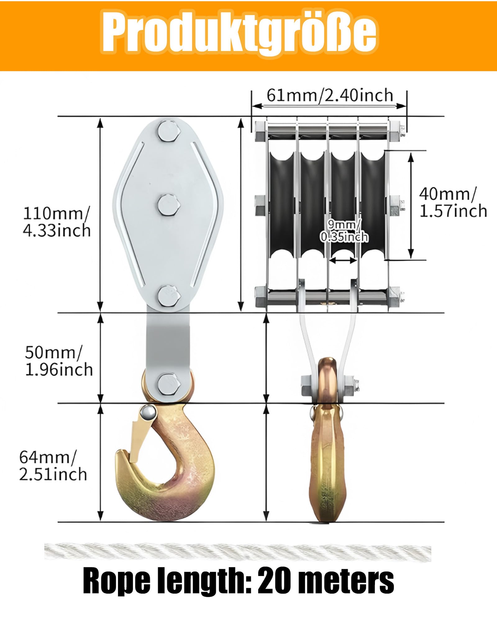 Schwerlast Flaschenzug mit 20m Nylon: Flaschenzug 4400 LB Tragkraft Manuelle Hubseile 8:1 Arbeitssparender Flaschenzug Hochleistungs-Seilzug für Garagen Lagerhallen (1, silber)