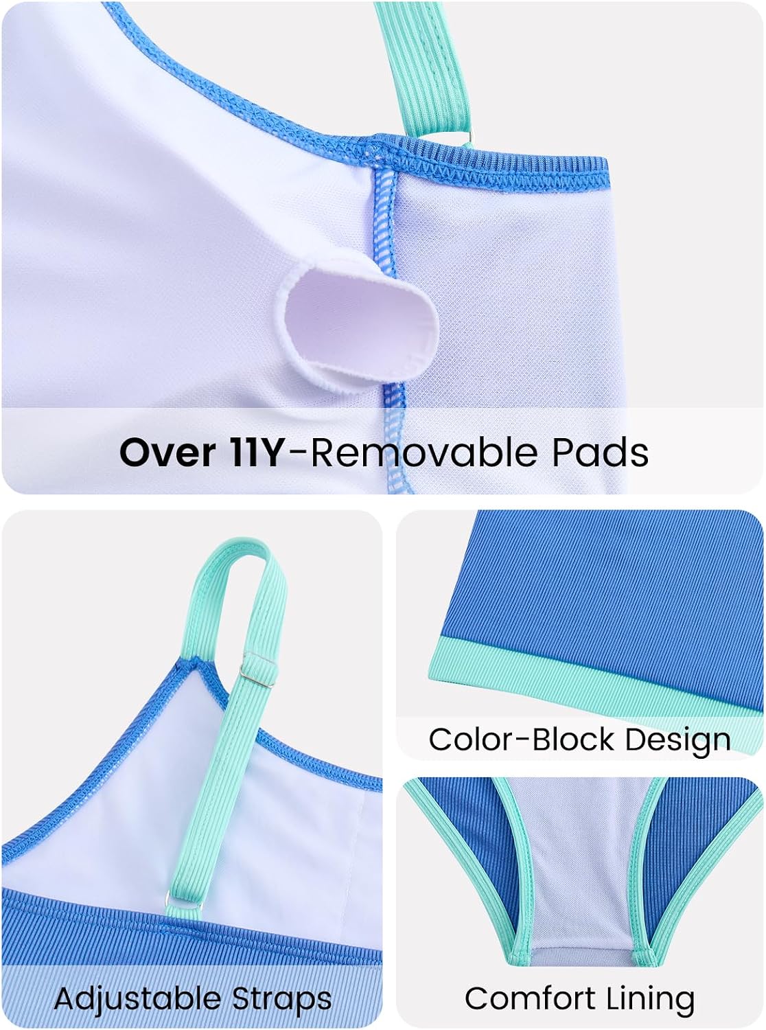 JiAmy Girls Bathing Suit Color-Block Swimsuits 3 Piece Bikini Sets Adjustable Straps Swimwear 9-16Y