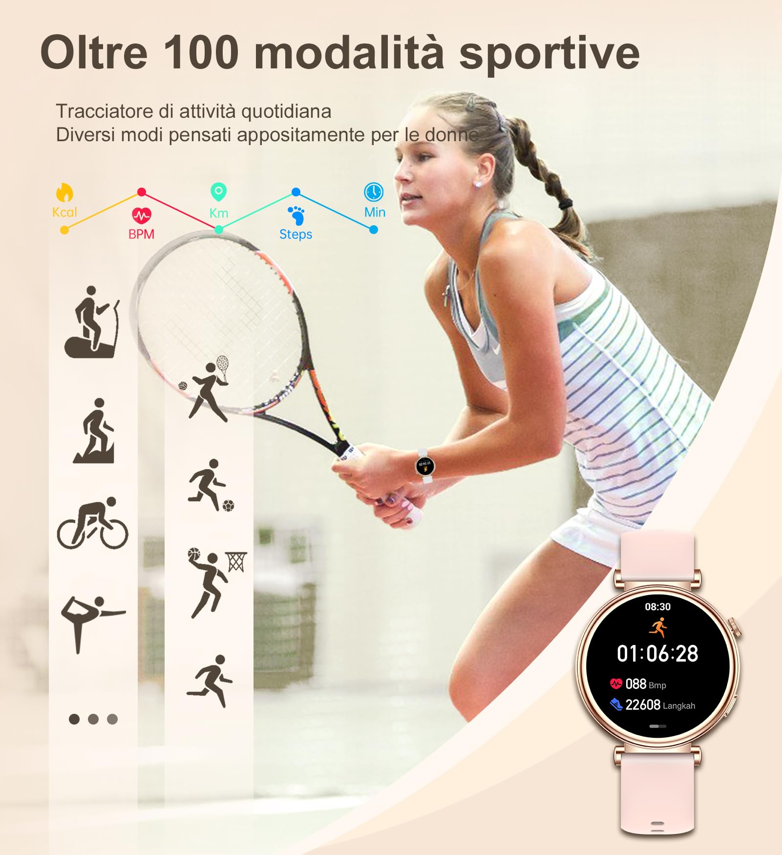 Smartwatch Donna Piccolo, 1.27" Smart Watch Rotondo 41mm, Orologio Digitale Elegante con Chiamate, Contapassi, 100+ Modalità Sportive, Cardiofrequenzimetro, Sonno, Compatibile iOS Android, Oro Rosa
