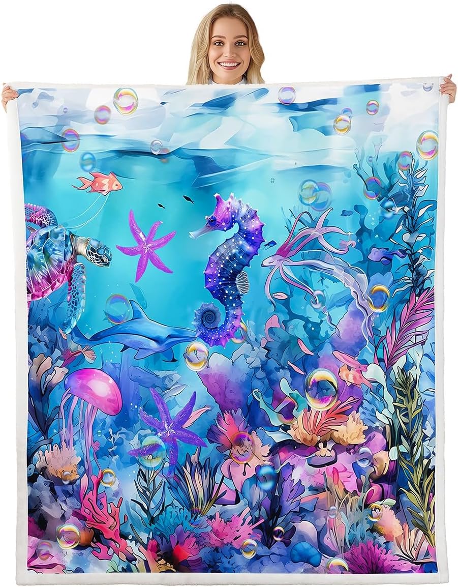 Erosebridal Octopus Plush Sherpa Blanket Ocean Animals Theme Underwater World Coral Fleece Throw Blanket Warm Plush Queen 90"x90", for Kids Boys Girls Adults 3D Printed