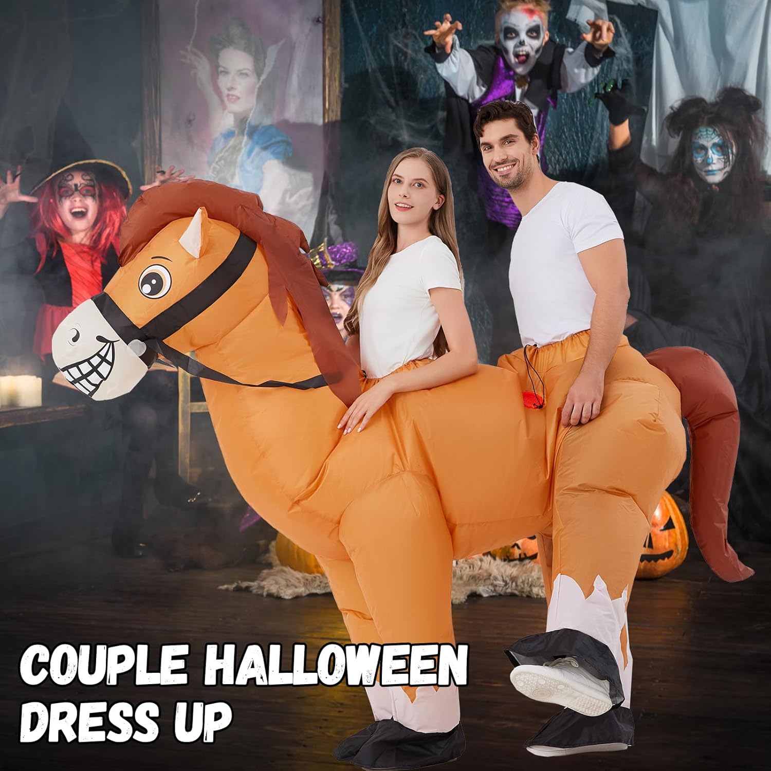 Resiwai Couple Inflatable Horse Costume for Adult 2 People Halloween Blow Up Costumes Funny Cowboy Ride on Horse Suit for Men Women Cosplay - Image 6