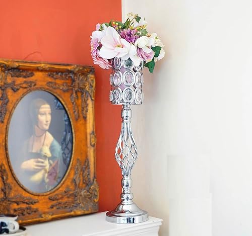 Miniatura 7 de Juego de 10 jarrones de metal con diamantes de cristal para mesas de boda, 24 pulgadas, versátiles soportes altos para flores, soportes de flores