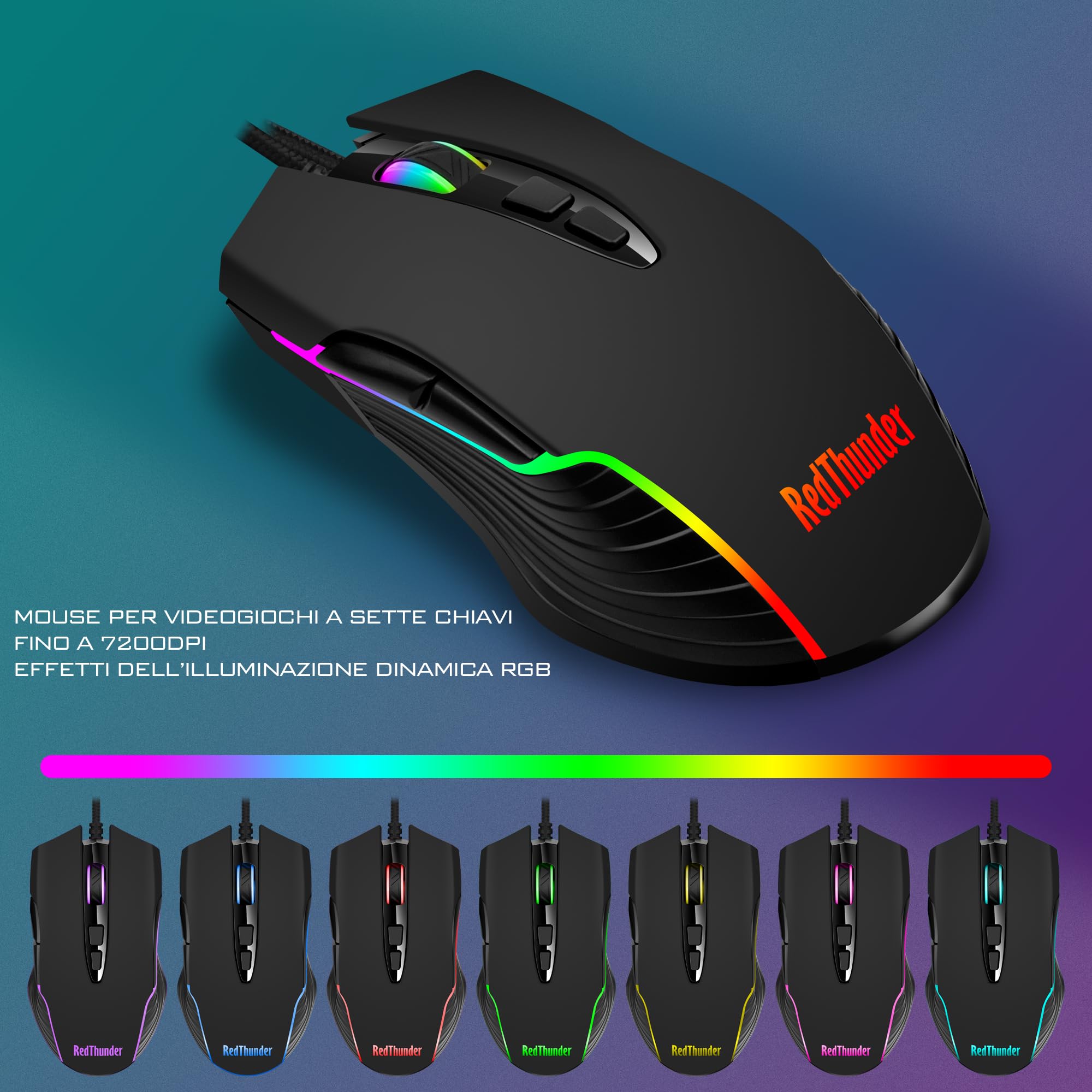 RedThunder K10 Set di Poggiapolsi in Pelle 3-in-1, Retroilluminazione Dinamica RGB + Sensazione Meccanica, Tasti Anti Ghosting + Mouse 7D 7200DPI, Layout IT, Giocatori PC - Nero