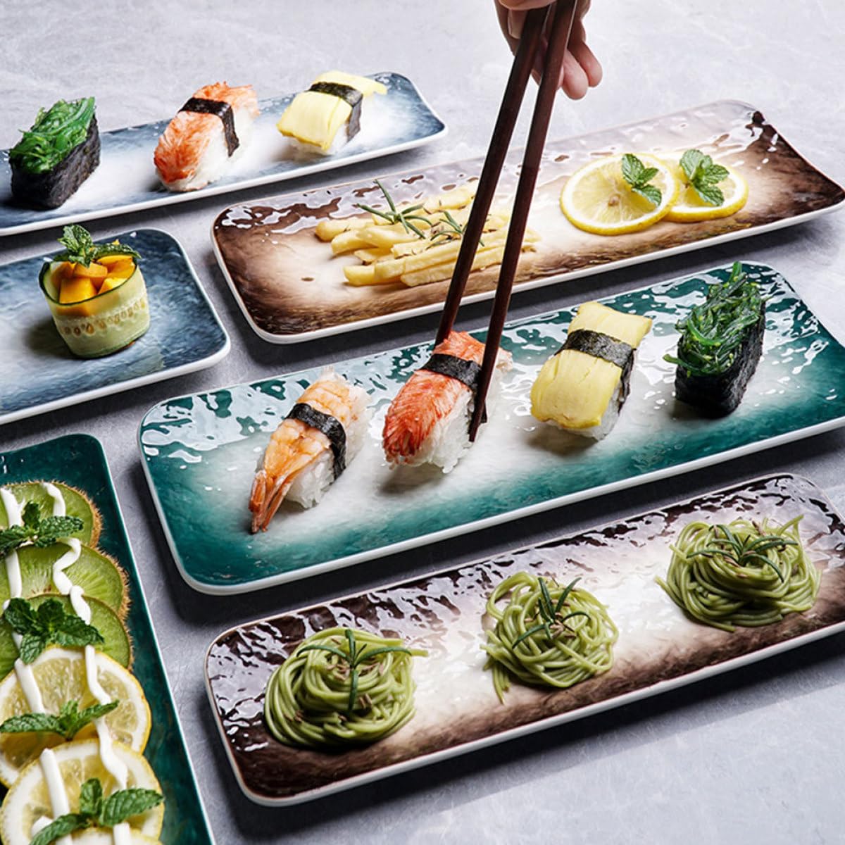 Vajilla de Cerámica Diseño Práctico y Acabado Fino Estilo Japonés 2 Platos Rectangulares para Sushi y Sashimi Adecuado para Fiestas y Uso Familiar