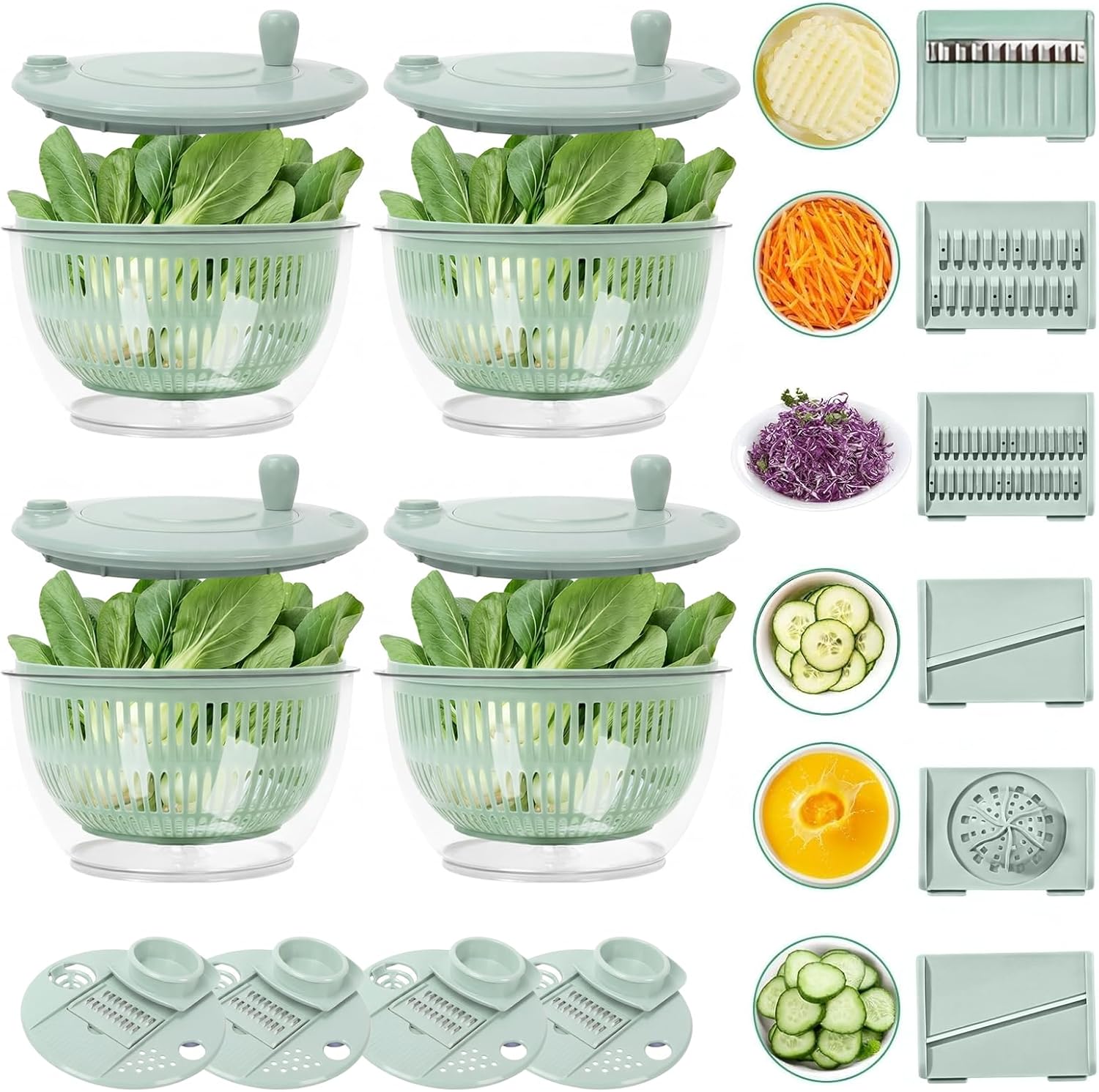 4-Pack Large Salad Spinner and Slicer - 5.3 Qt, 3 IN 1 Large Vegetables & Fruits Wash Bowl, Lettuce Washer Spinne with 5 Blade Slicer Egg Yolk Strainer, Bowl for Efficient Salad Preparation (Green)
