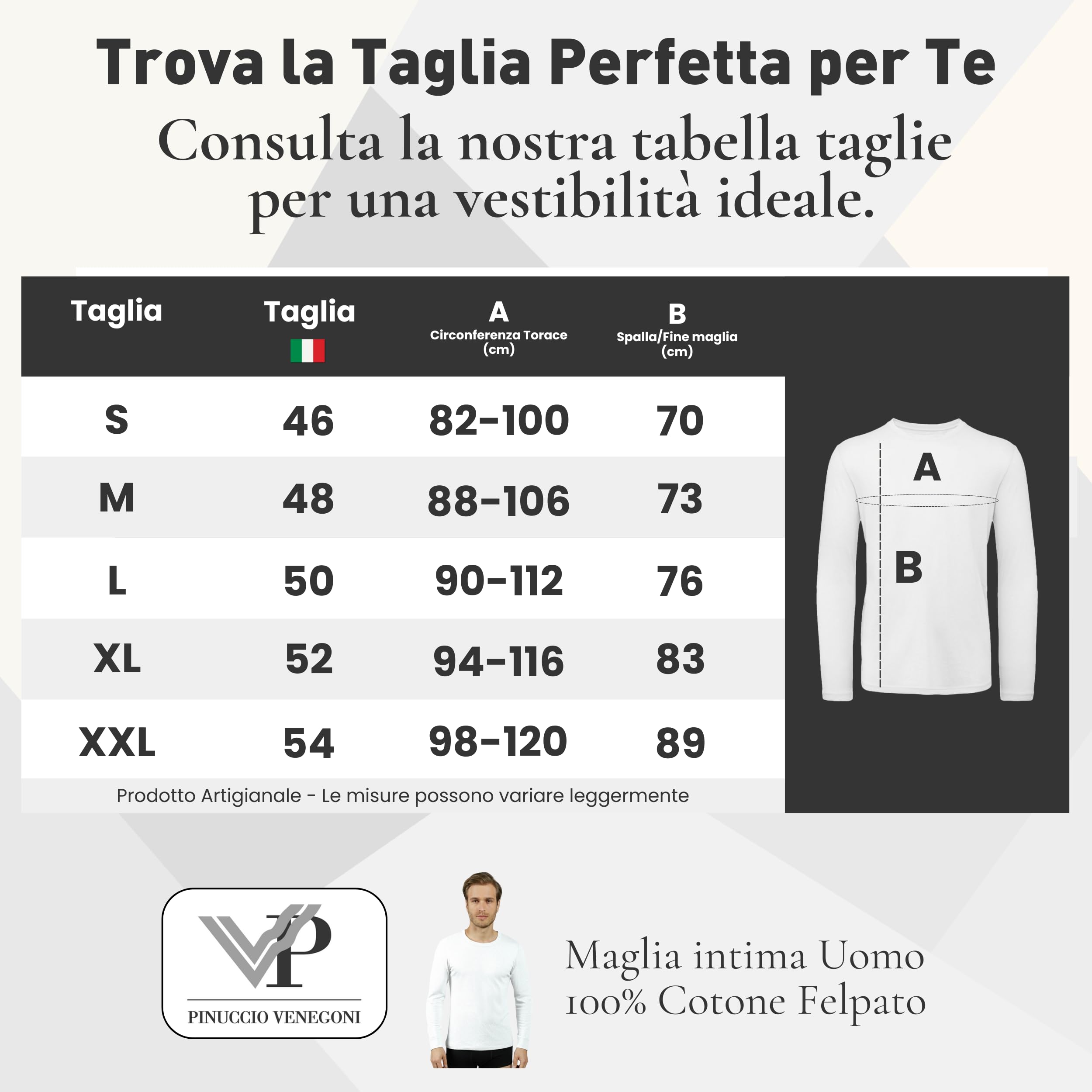 VP PINUCCIO VENEGONI Camiseta de manga larga para hombre (paquete de 2) 100% algodón afelpado | Camiseta térmica para hombre de invierno, cuello redondo, camiseta interior, fabricada en Italia