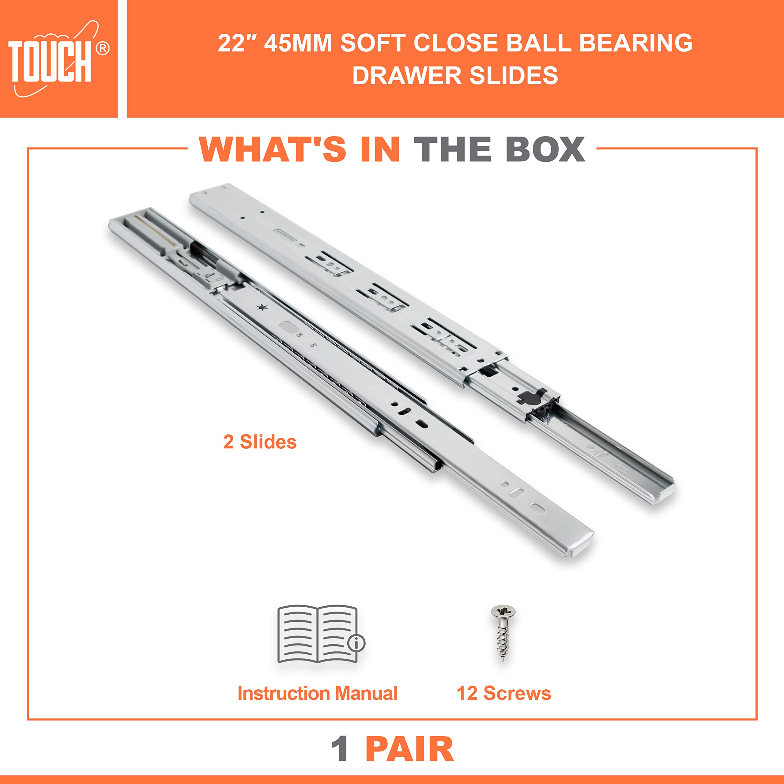 TOUCH Drawer Slides (1 Pair, 22 Inch 550mm) Soft Close Side Mount Ball Bearing 3 Folds Metal Rails Track Guide Glides Runners Heavy Duty Drawer Dresser Kitchen, 100 LB Capacity