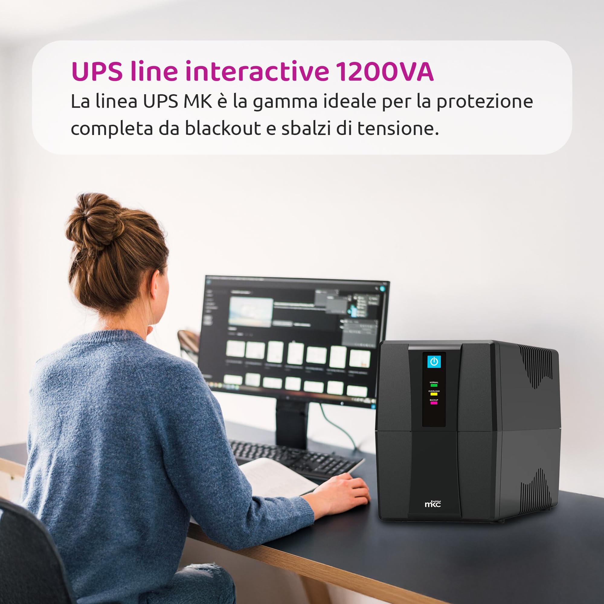 Melchioni MK UPS 1200VA Line Interactive, 2 Batterie 12V, Prese Schuko