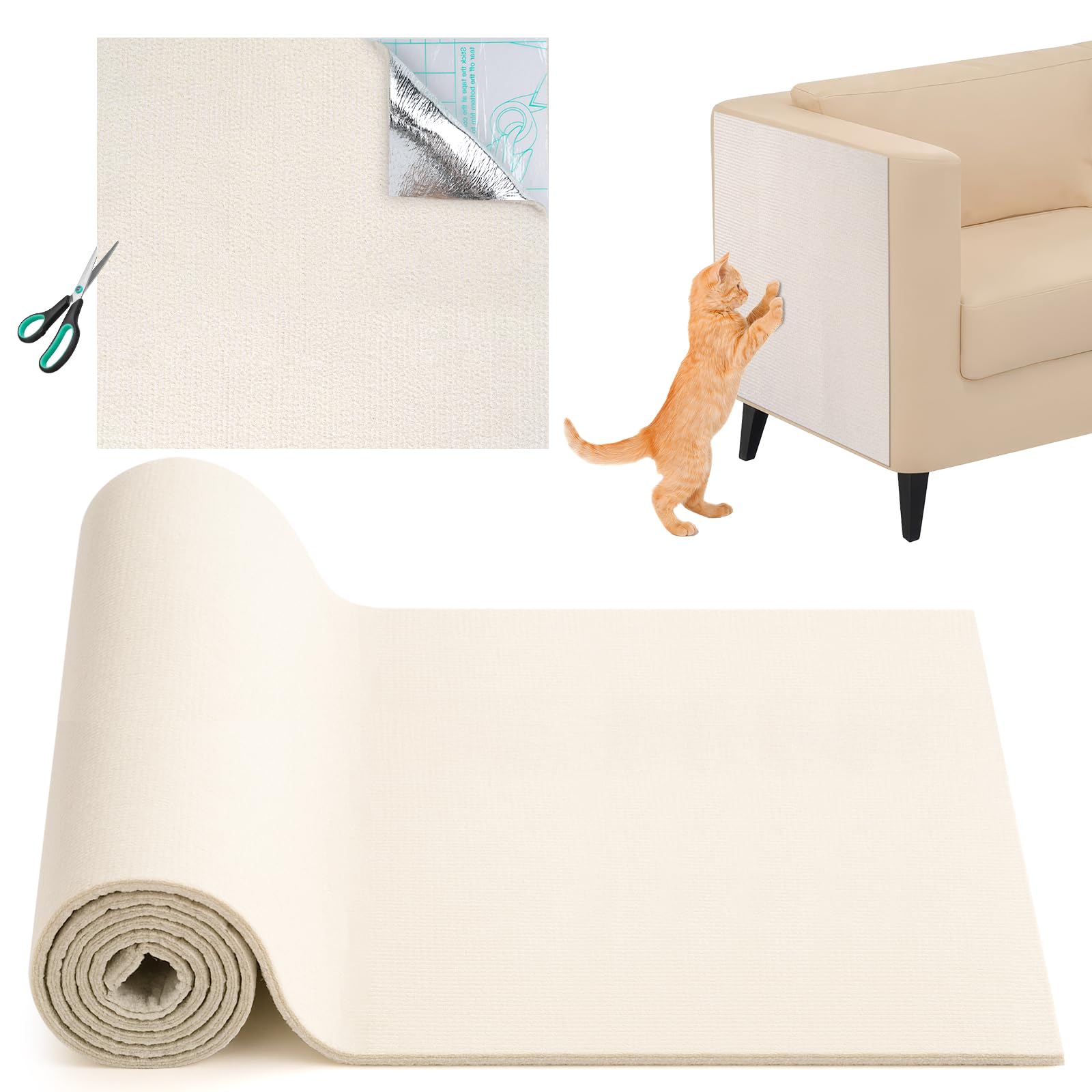 Self-Adhesive Cat Scratching Mat, Trimmable Cat Scratch Protector, DIY Anti Scratch matt for cats, Climbing Cats Scratch Pad for Furniture, Walls & Sofas (Beige, 40x100cm)