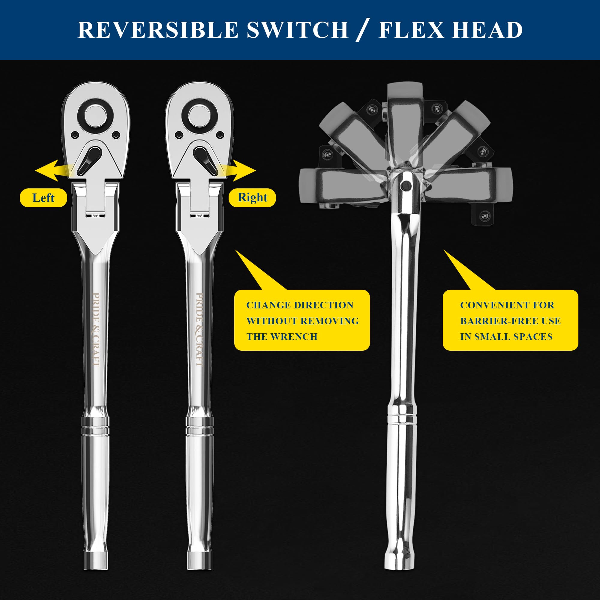 PRIDE&CRAFT 6-Piece Flex Head Ratchet Set, 1/4", 3/8", 1/2" Drive 72-Tooth Swivel Head Ratchet Wrench with Extension Bars - Image 4