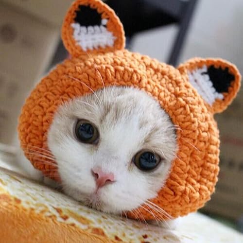 Miniatura 4 de Bonaweite Sombrero para mascotas, perro gato hecho a mano de lana de hilo de lana gorra de zorro, accesorios de aseo ropa cachorro peluche dibujos