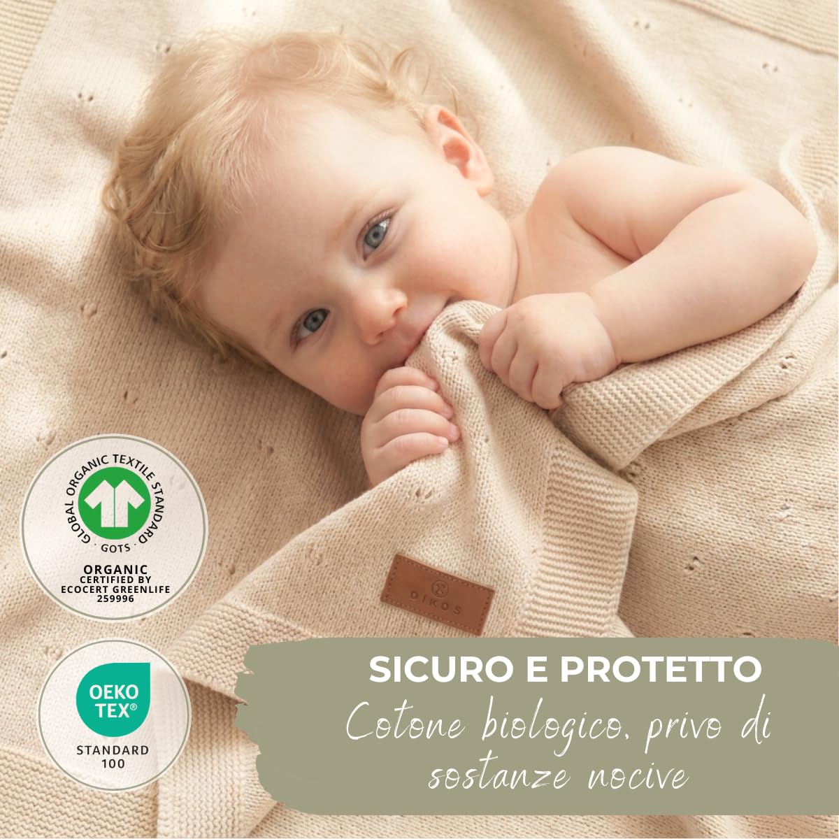 DIKOS Coperta per neonati GOTS in cotone biologico Ajour lavorata a maglia Coperta per neonati per neonato Ragazza Ragazzo Coperta in maglia in maglia Coperta per Battesimo