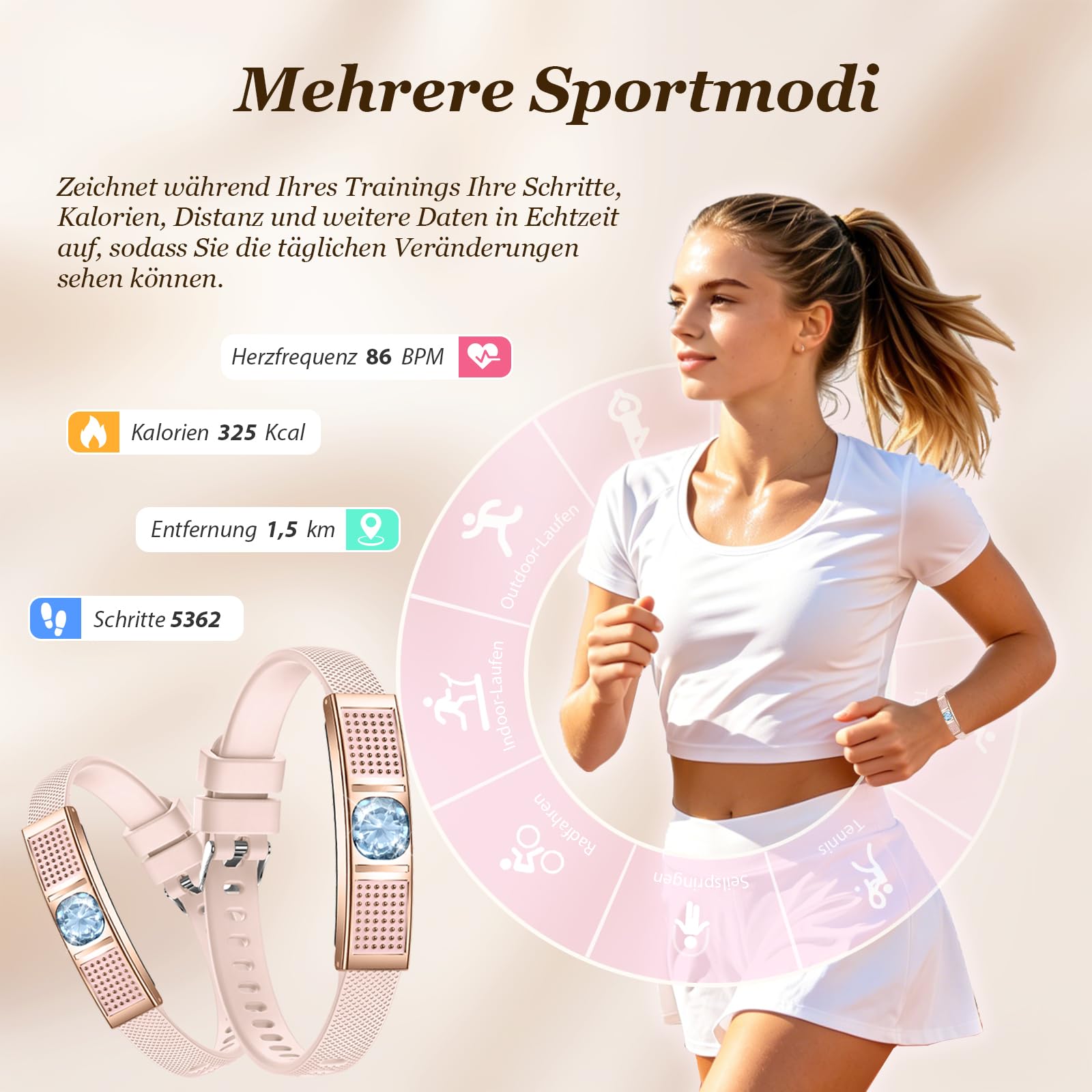 findtime Bracelet de fitness pour femme avec incrustation de cristal, bracelet intelligent, fin, fréquence cardiaque, sommeil, suivi du cycle de sommeil, podomètre, bracelet intelligent avec bracelet