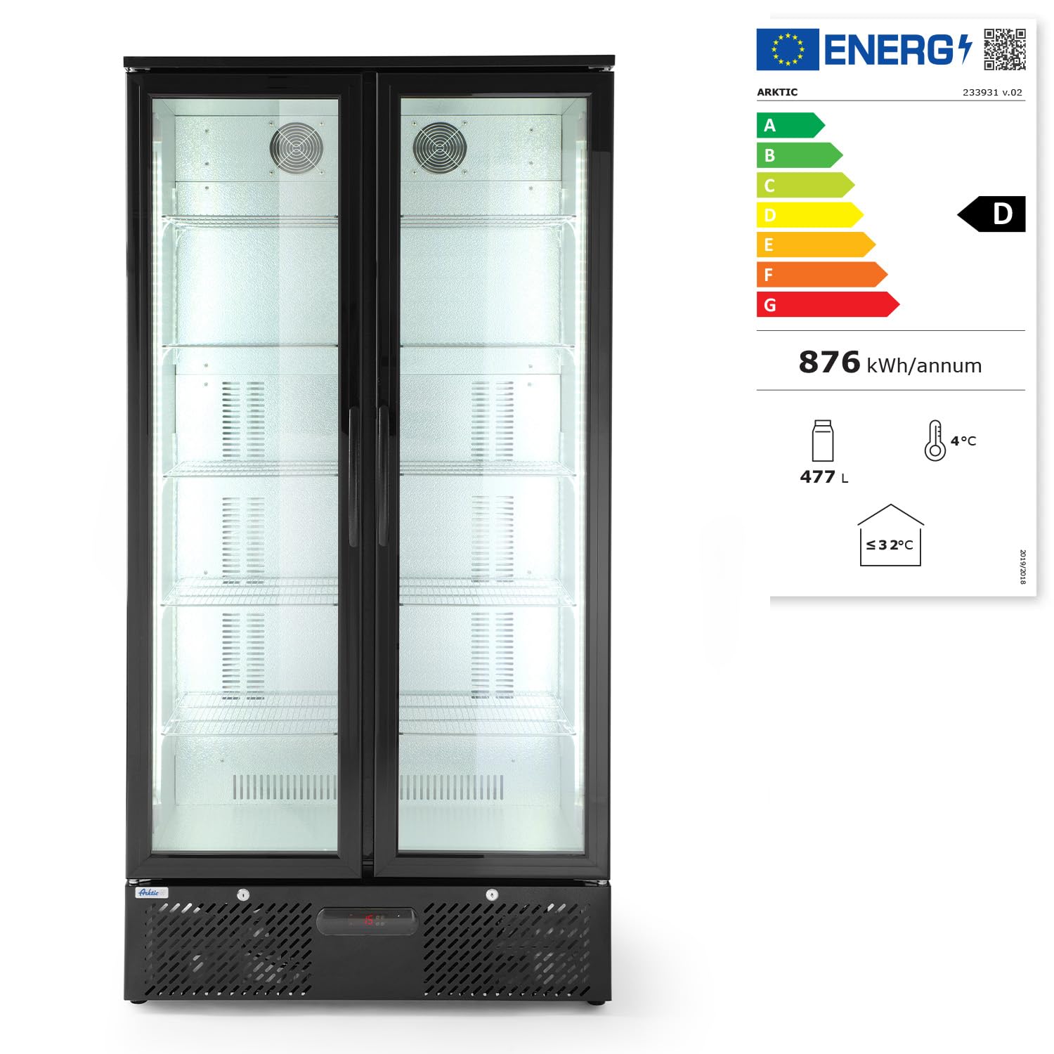 HENDI Refrigerador para bebidas Arktic, botellero vertical de bar, 2 puertas, 384L, 0–10°C, 220V, 365W, 900x530x(H) 1820mm, acero con recubrimiento en polvo negro