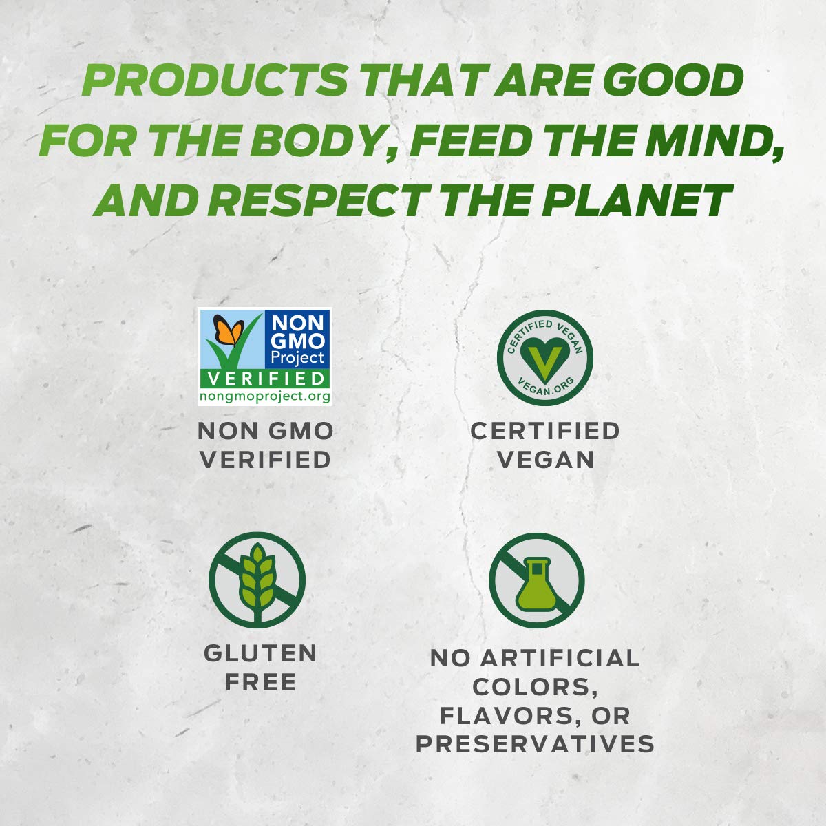 Certifications for Vega Protein Snack Bar: Non-GMO Verified, Certified Vegan, Gluten-Free, No Artificial Colors, Flavors, or Preservatives.