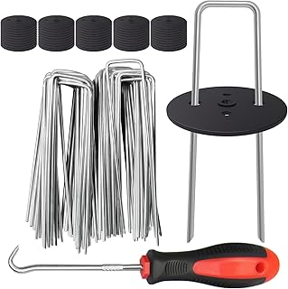 EUOKOK 50 Weed Control Membrane Pegs + 50 Buffer Washer, 6 Inch 11 Gauge Galvanized U-Shaped Metal Garden Landscape Staples Weed Mat Yard Ground Pins for Securing Weed Barrier Fabric，Artificial Turf