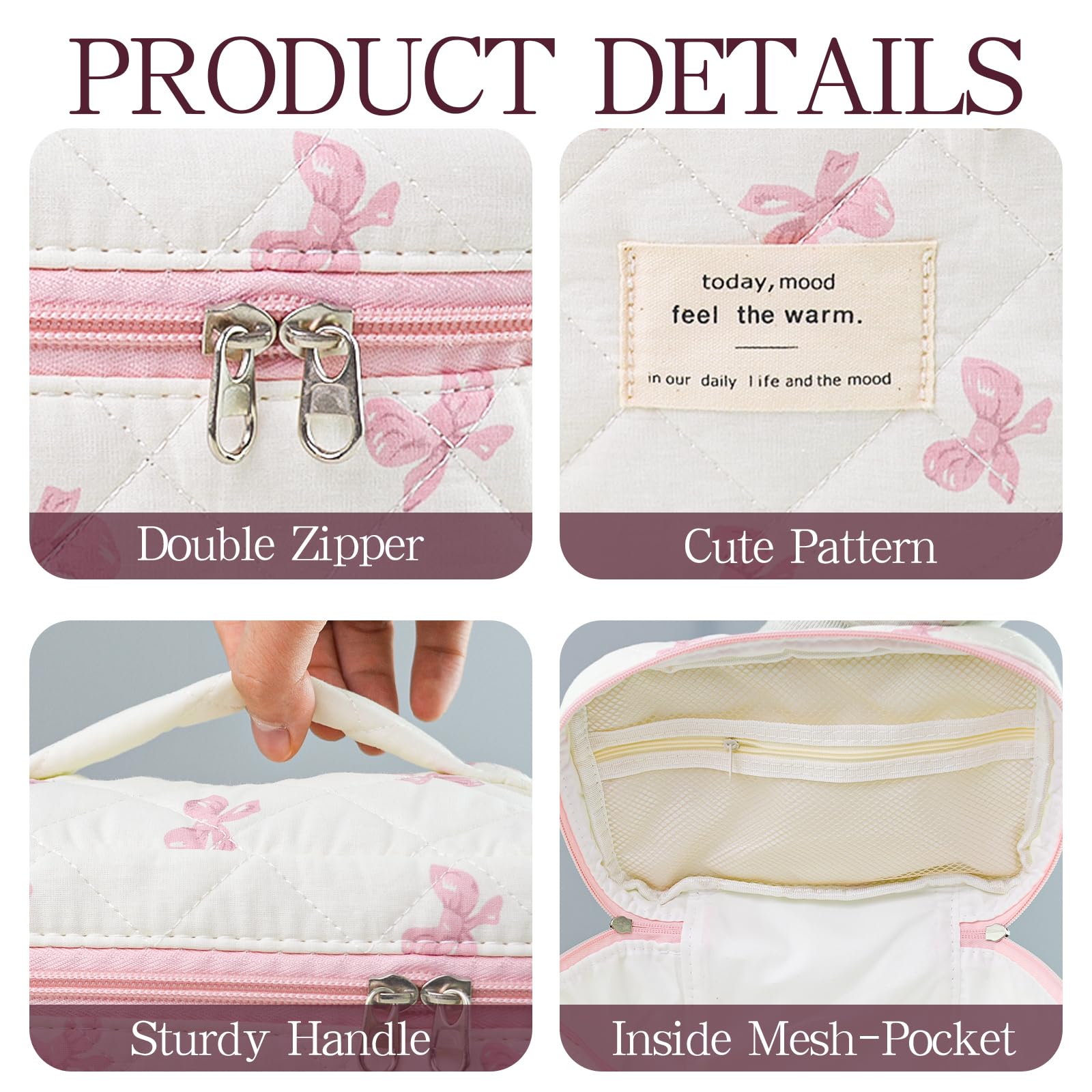 AMZMA Bow Makeup Bag Organizer, Travel Makeup Bags for Women, Quilted Cosmetic Bag for Women, Large Travel Toiletry Bag, Cute Makeup Bags for Teen Girls, Cute Toiletry Bag Organizer