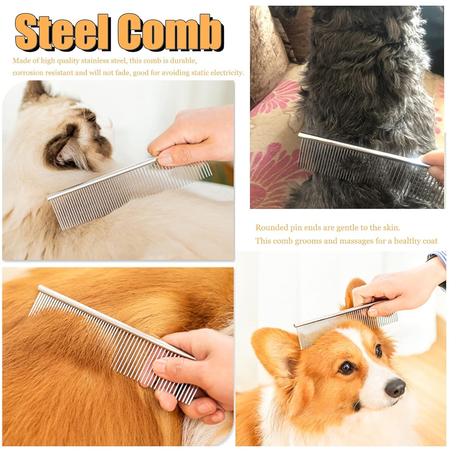 Juego de 3 cepillos de rastrillo de dientes largos para mascotas, cepillo de rastrillo para perros, peine de acero para desprendimiento y peine de teech de doble cara para perros grandes y caballos de