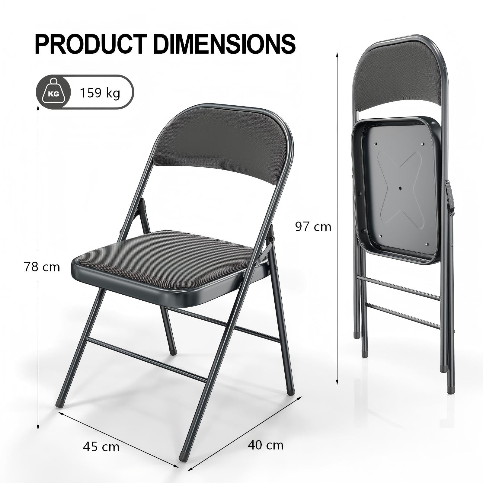 Bonnlo Klappstuhl 4er Set aus Stahl & Stoff, Gepolsterte Klappstühle, Stabiler Stahlrahmen, bis 159 kg, Faltbarer Stuhl für Veranstaltungen, Messen, Büro & Zuhause, Grau