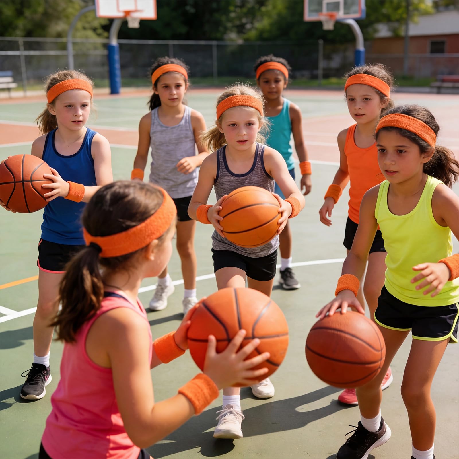 Bememo 72-teiliges Neonschweißbänder-Set für Kinder, 12 Stirnbänder, 24 Armbänder, Sport-Schweißbänder, athletisch für Kinder, Basketball, Tennis, Laufen, Fitnessstudio, Studenten, Geschenke