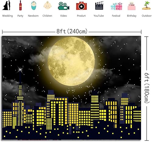 Miniatura 7 de Telón de fondo de superhéroe de Super City para fotografía, 8 x 6 pies, color amarillo, luna llena, paisaje urbano, fondo de foto, baby shower,