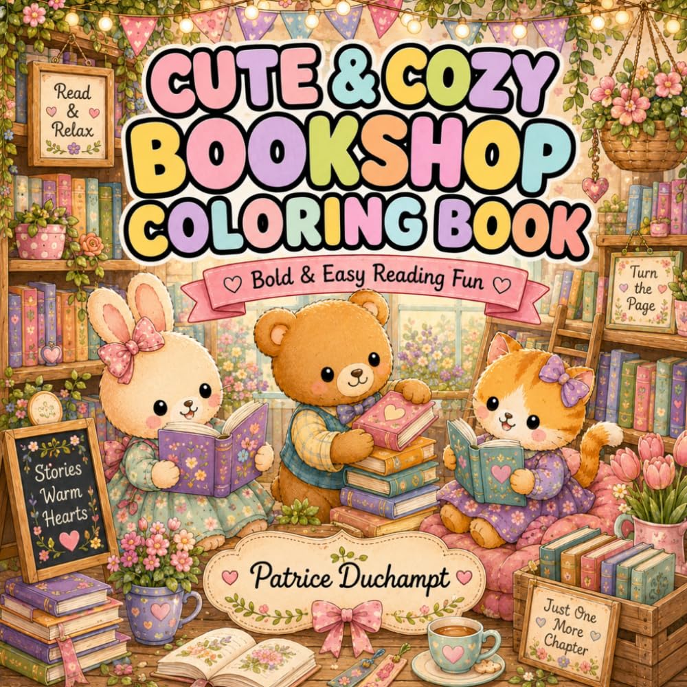Cute & Cozy Bookshop Coloring Book: Bold & Easy Reading Fun