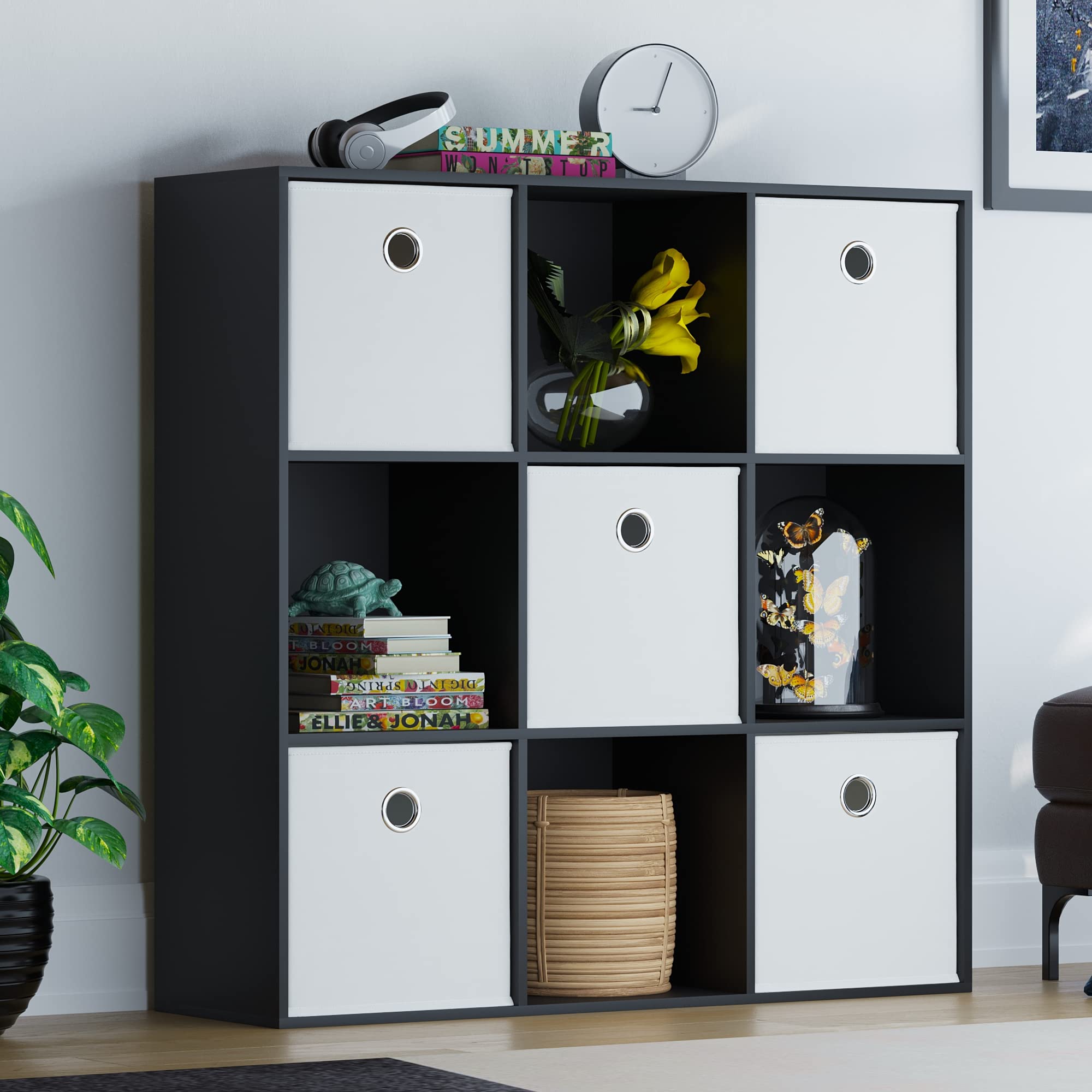 Vida Designs Durham Cube Bookcase Storage Organiser Living Room Bookshelf Home Office Furniture (9 Cube & 5 White Baskets, Black) — image 1