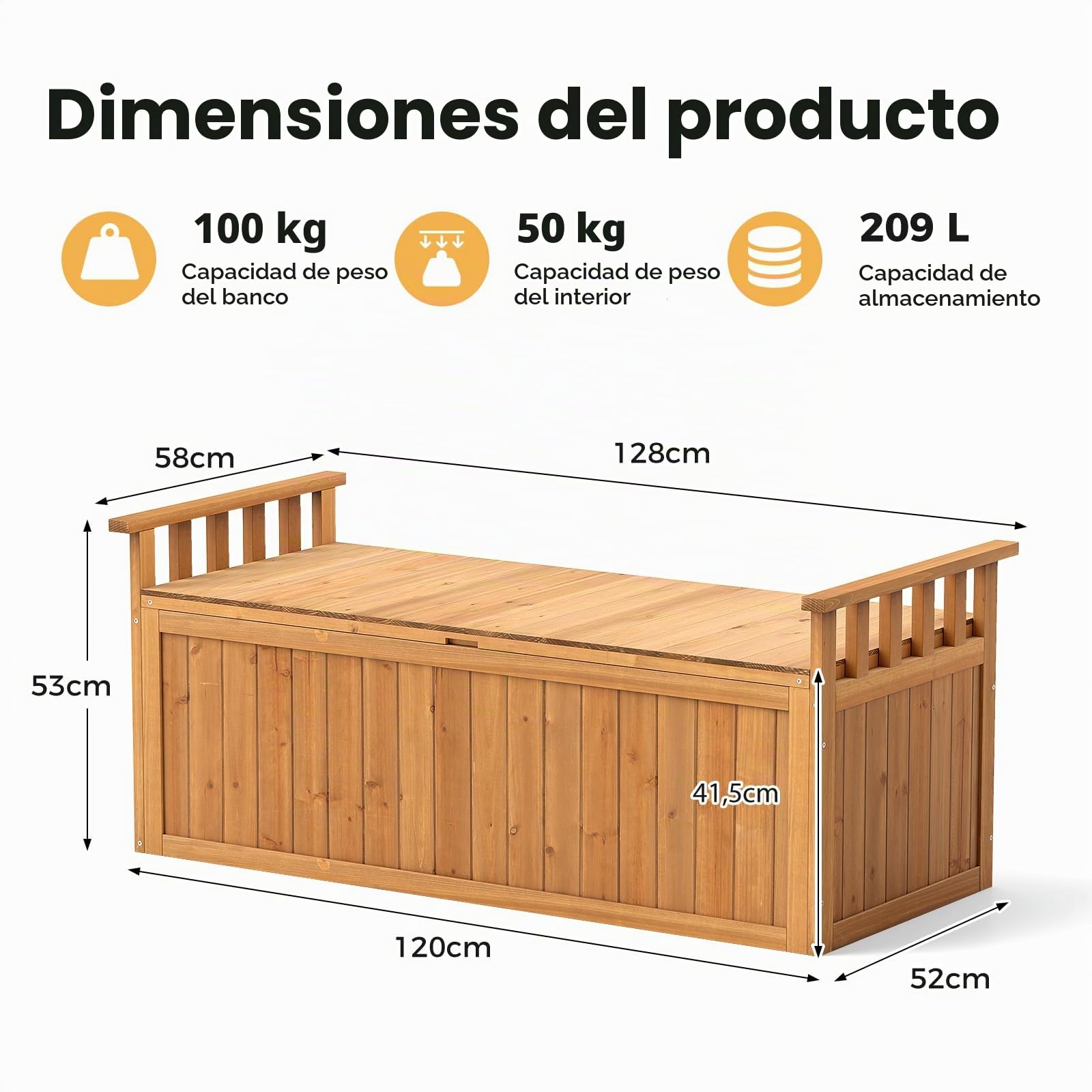 HOMASIS Arcón de Jardín Impermeable, Banco de Madera de Abeto, Arcón de Almacenamiento con Tapa y Reposabrazos, Caja de Cojines Resistente a La Intemperie para Jardín, 128 x 58 x 53 cm (Natural)