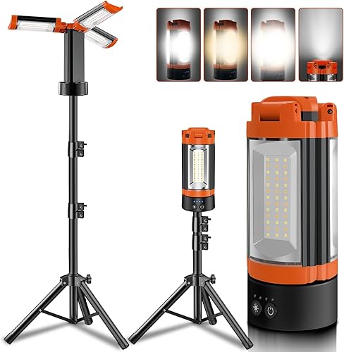 Luz de campamento recargable de 12000 mAh con soporte ajustable, luz de trabajo inalámbrica con 3 cabezales de lámpara LED, linterna de emergencia