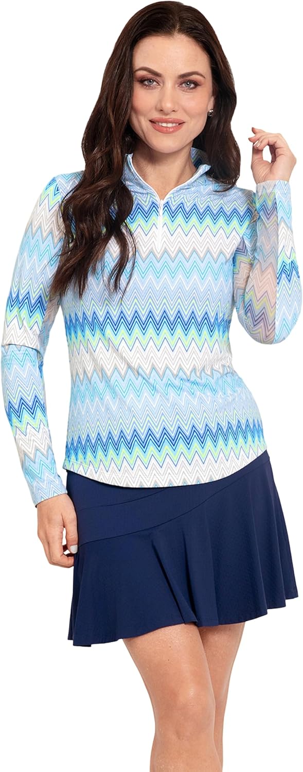IBKUL UPF 50+ Sun Protection, Icefil Cooling, Moisture-Wicking Susan Print Long Sleeve Mock Neck Top