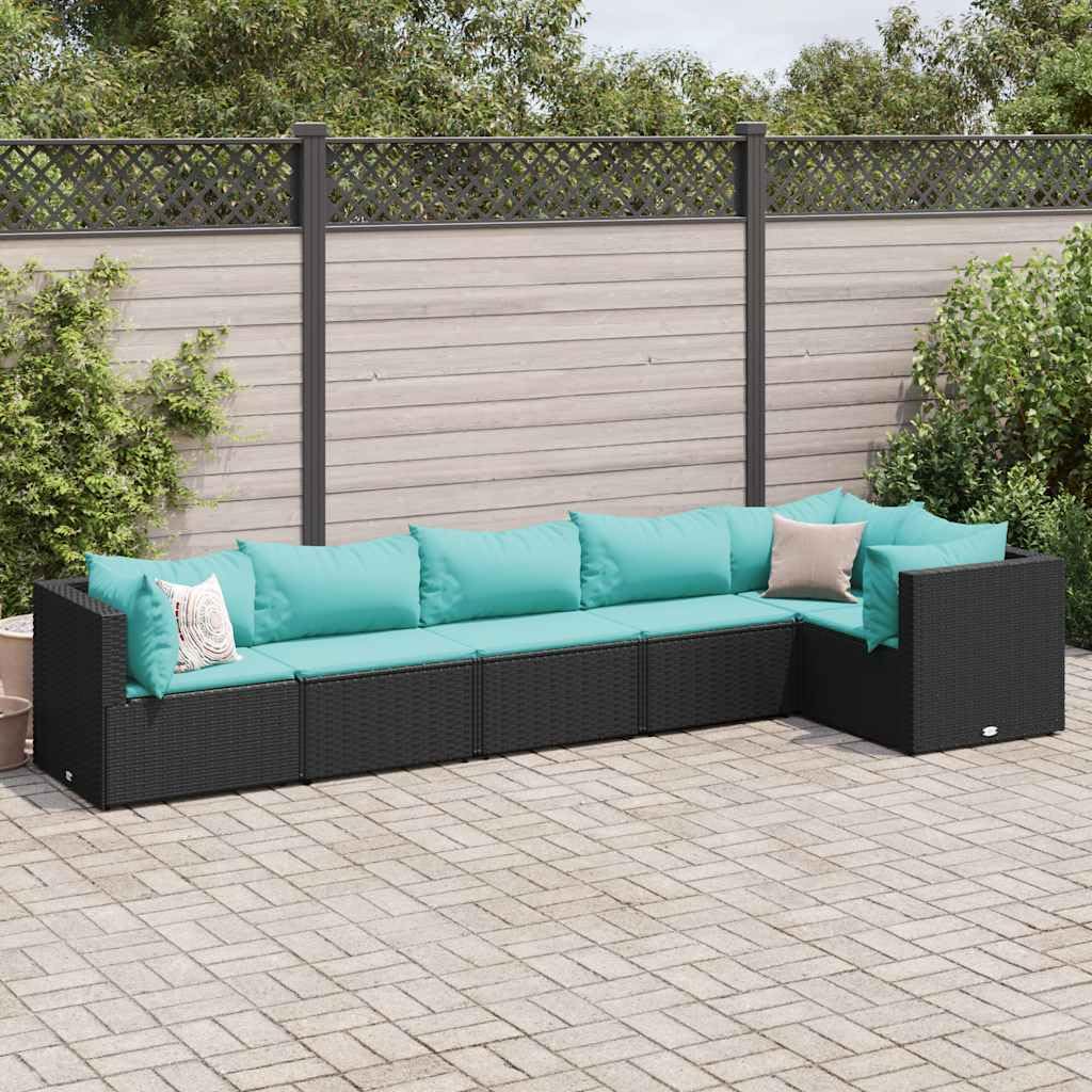 6 Piece Patio Lounge Set Black with Water Blue Cushions, Modular Outdoor Furniture Set Includes 3 Corner Sofas and 3 Middle Sofas, Weather-Resistant Synthetic Rattan