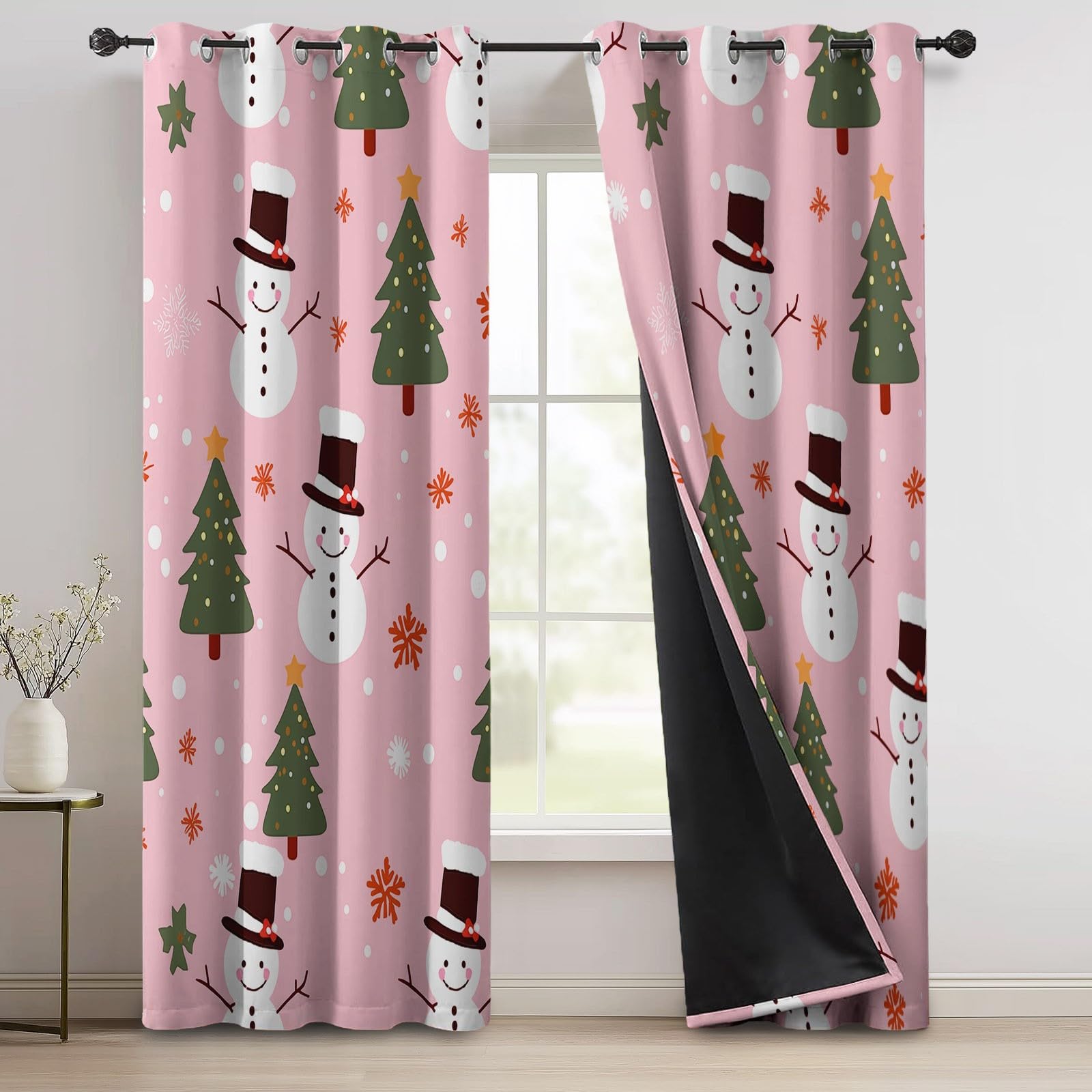 Świąteczny bałwan z nadrukiem choinki 100% zasłony zaciemniające do sypialni i salonu 117 x 183 cm (2 panele) - izolacja termiczna, zasłony z oczkami, redukcja hałasu, różowe