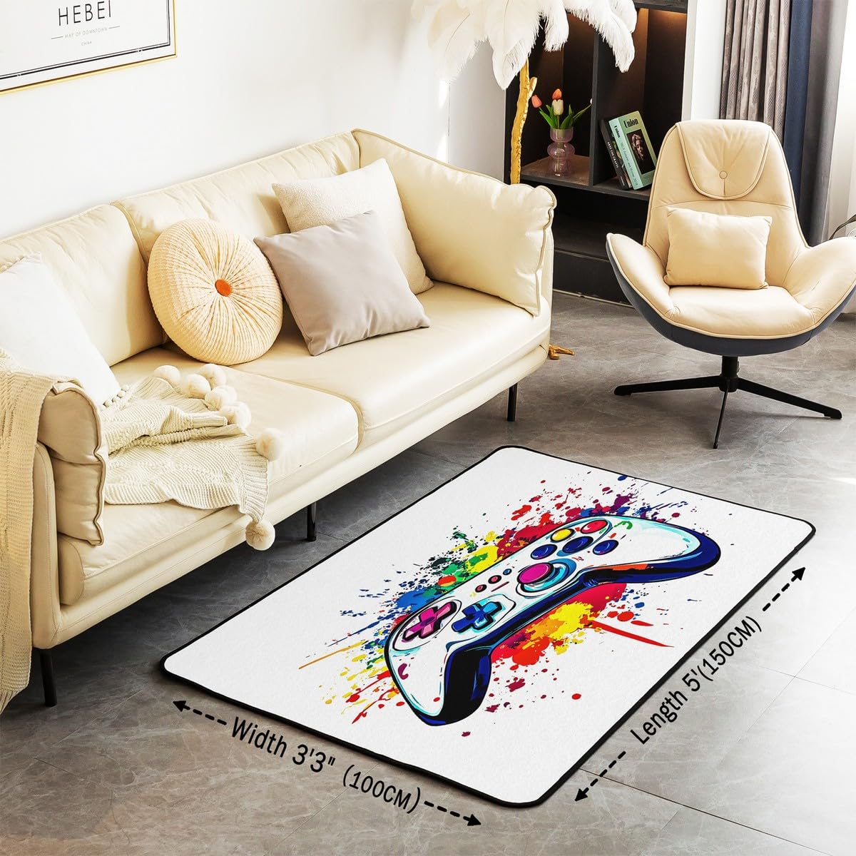 Loussiesd Dywan do salonu dla graczy, 100 x 150 cm, gamingowy dywan akcentujący dla chłopców, dziewcząt, nastolatków, nowoczesny kontroler konsoli do gier, wewnętrzna mata podłogowa, joystick, biała,